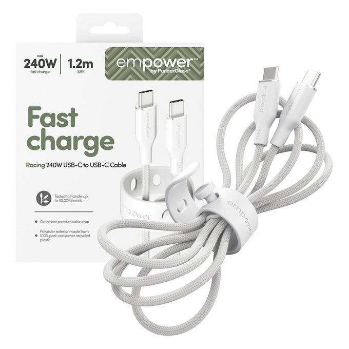 USB-C kábel, 240 W, Racing, 1,2 m, ezüst-fehér, empower