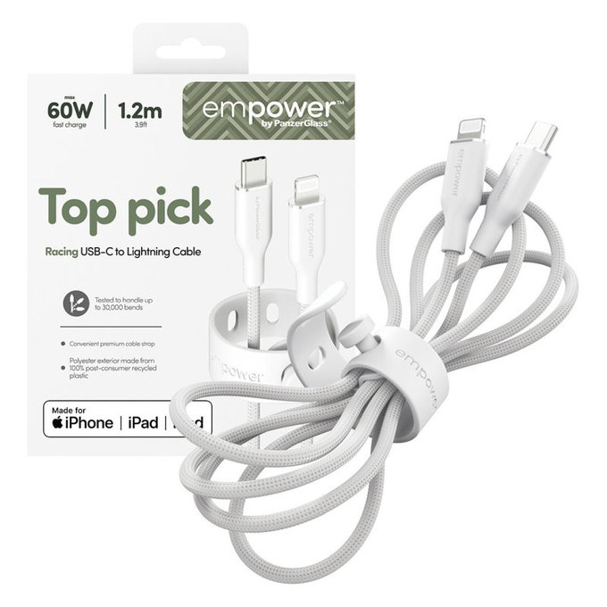 USB-C/Lightning kábel, 60 W, Racing, 1, 2 m, Ezüst-fehér, empower