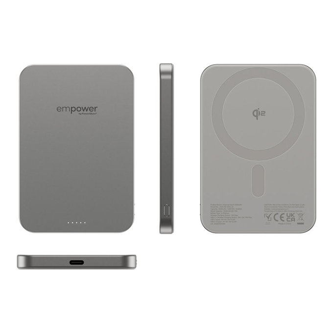 Vezeték nélküli PowerBank 5000 mAh, 20 W, MagSafe kompatibilis, Qi2/USB-C, Titán, empower
