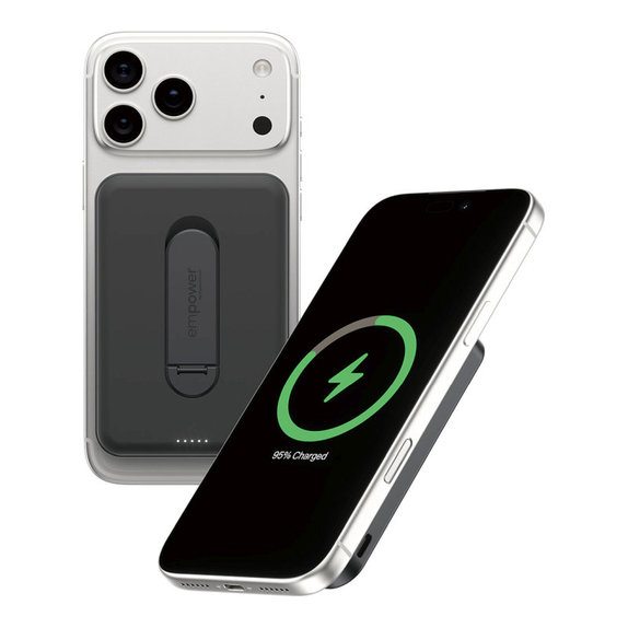Vezeték nélküli PowerBank 5000 mAh forgatható állvánnyal, 20 W, MagSafe kompatibilis, Qi2/USB-C, Space Black, empower