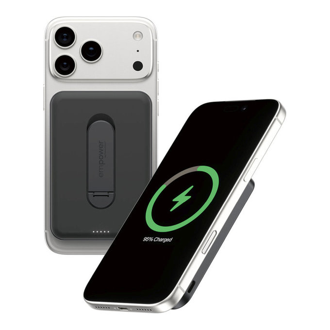 Vezeték nélküli PowerBank 5000 mAh forgatható állvánnyal, 20 W, MagSafe kompatibilis, Qi2/USB-C, Space Black, empower