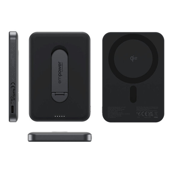 Vezeték nélküli PowerBank 5000 mAh forgatható állvánnyal, 20 W, MagSafe kompatibilis, Qi2/USB-C, Space Black, empower