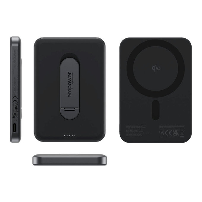 Vezeték nélküli PowerBank 5000 mAh forgatható állvánnyal, 20 W, MagSafe kompatibilis, Qi2/USB-C, Space Black, empower