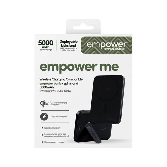 Vezeték nélküli PowerBank 5000 mAh forgatható állvánnyal, 20 W, MagSafe kompatibilis, Qi2/USB-C, Space Black, empower