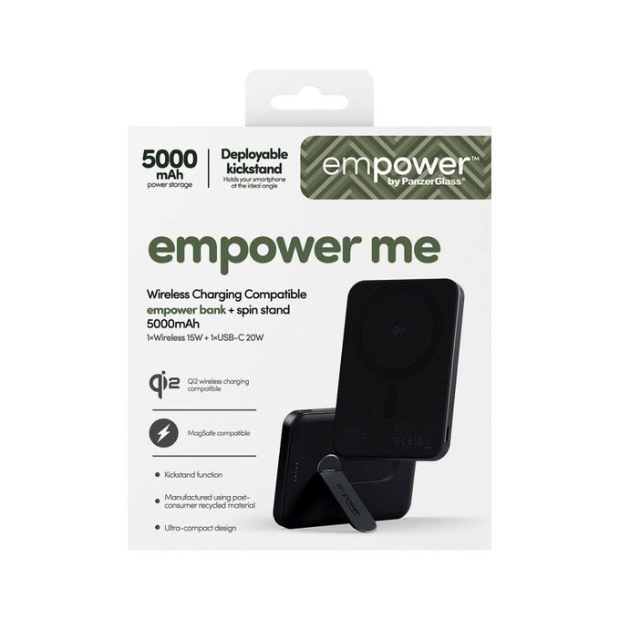 Vezeték nélküli PowerBank 5000 mAh forgatható állvánnyal, 20 W, MagSafe kompatibilis, Qi2/USB-C, Space Black, empower