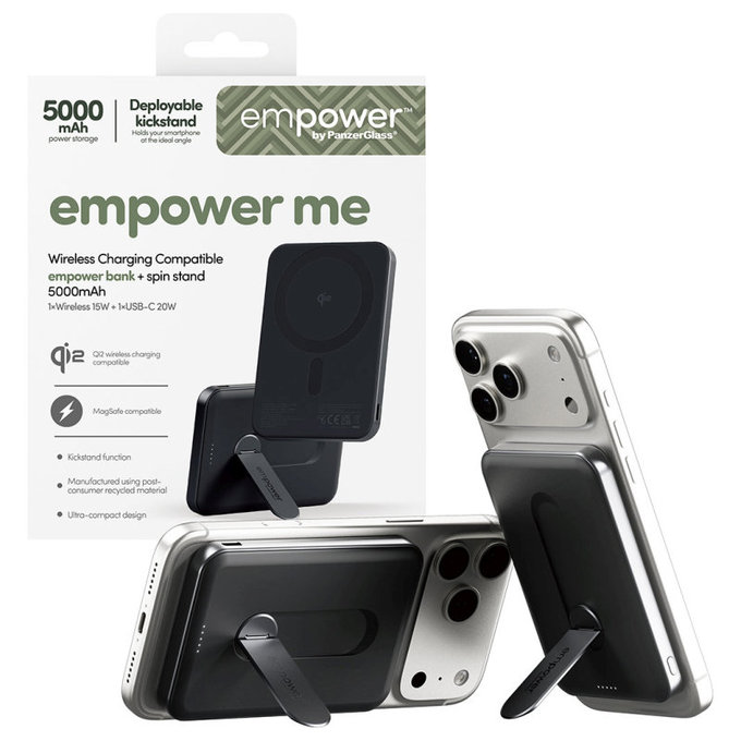 Vezeték nélküli PowerBank 5000 mAh forgatható állvánnyal, 20 W, MagSafe kompatibilis, Qi2/USB-C, Space Black, empower