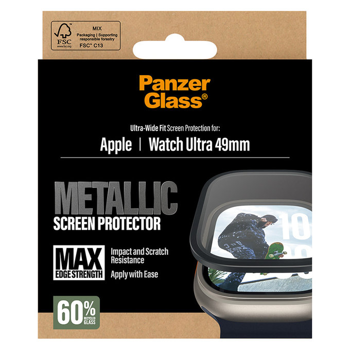 Edzett üveg UWF METALLIC Apple Watch Ultra 49 mm készülékhez, Fekete, PanzerGlass