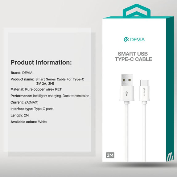 USB / USB-C kábel Smart, 2.1A, 2m, fehér, Devia