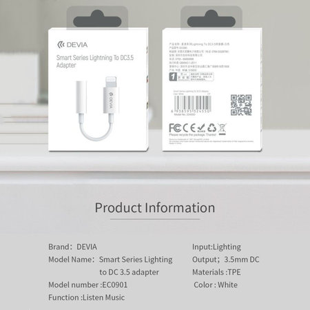 Smart adapter 3,5mm Jack / Lightning, fehér, Devia