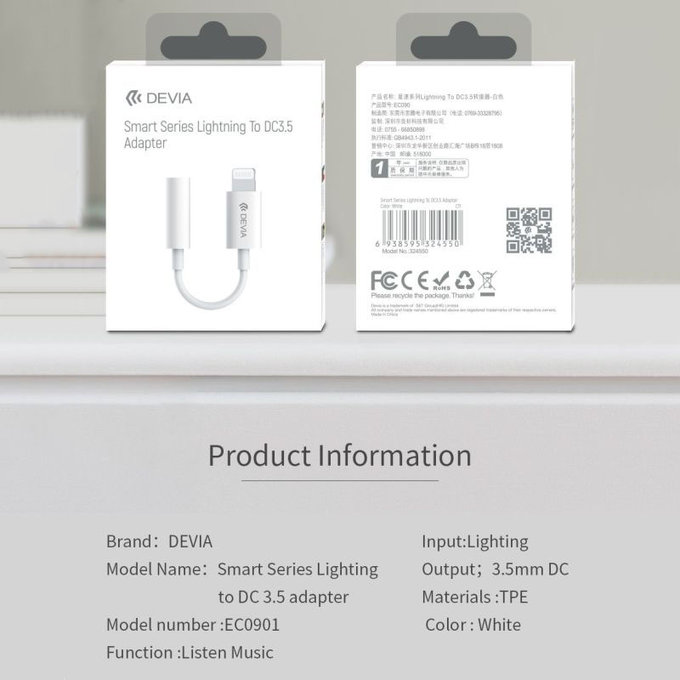 Smart adapter 3,5mm Jack / Lightning, fehér, Devia