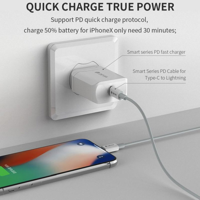 Lightning / USB-C kábel Smart, PD 20W, 1m, fehér, Devia