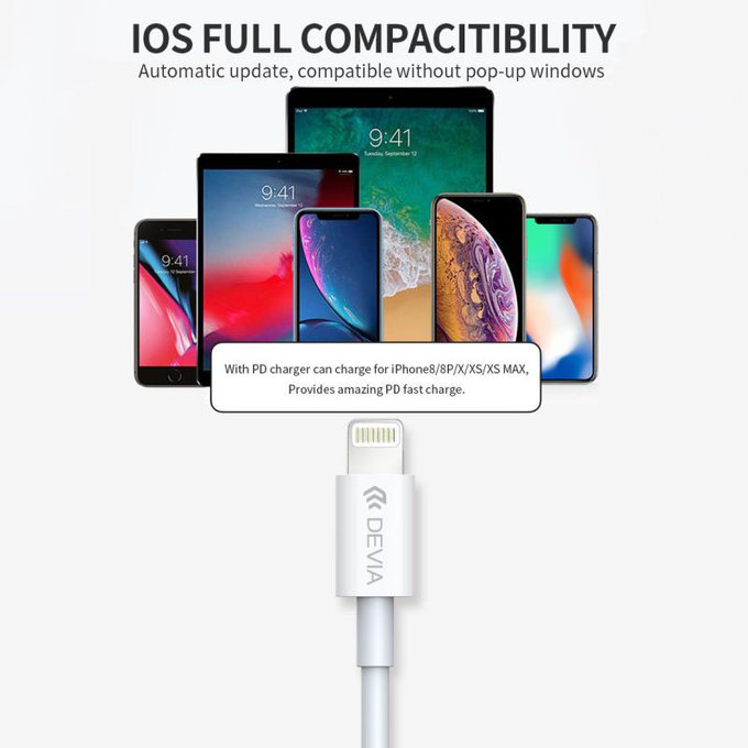 Lightning / USB-C kábel Smart, PD 20W, 1m, fehér, Devia
