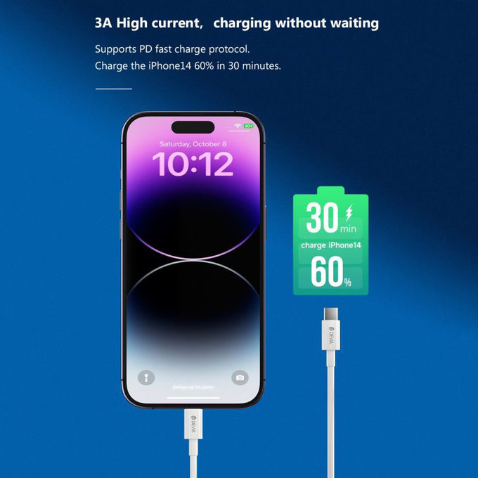 Lightning / USB-C kábel Smart, PD 27W, 2m, fehér, Devia