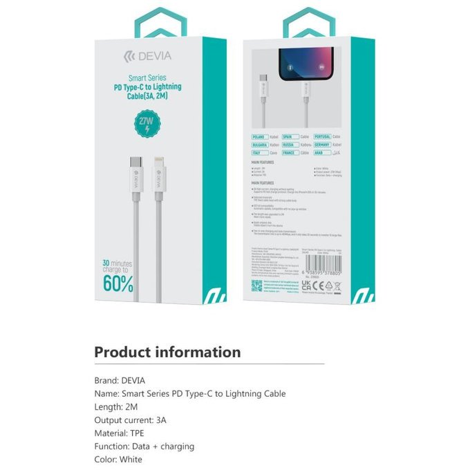 Lightning / USB-C kábel Smart, PD 27W, 2m, fehér, Devia