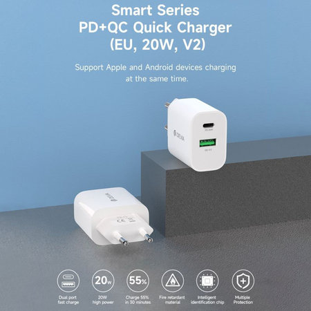 Smart töltőadapter USB-C + USB-A, PD 20W, fehér, Devia