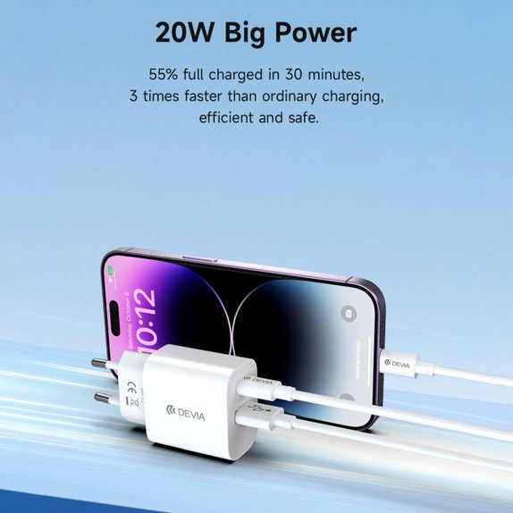 Smart töltőadapter USB-C + USB-A, PD 20W, fehér, Devia