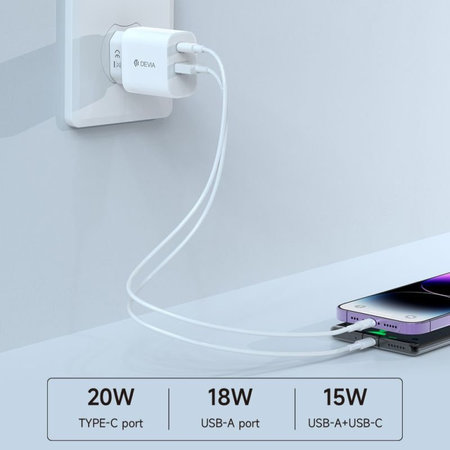 Smart töltőadapter USB-C + USB-A, PD 20W, fehér, Devia