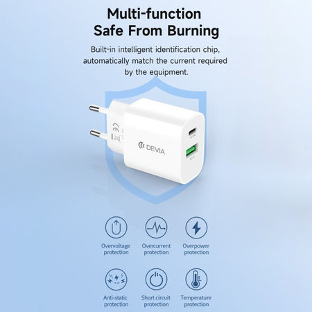 Smart töltőadapter USB-C + USB-A, PD 20W, fehér, Devia