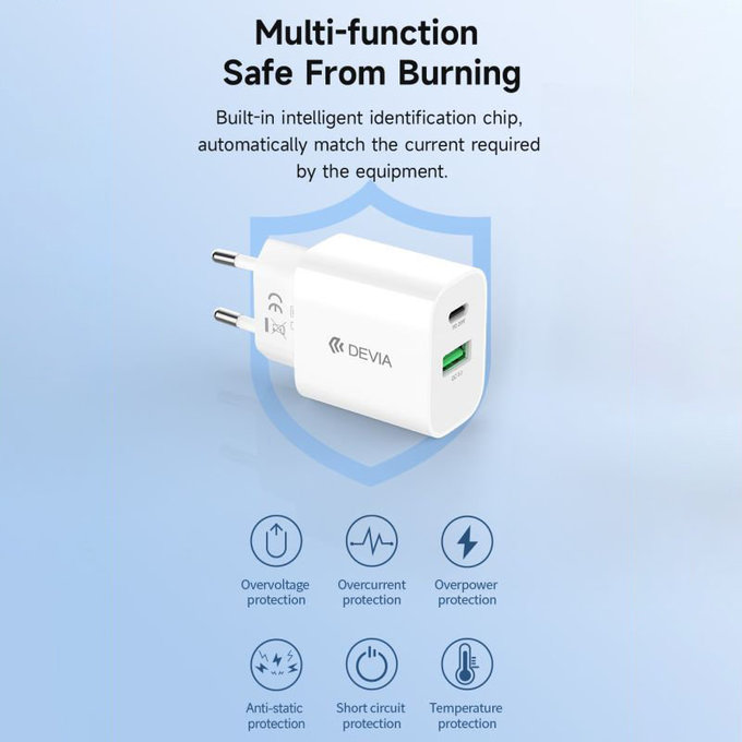 Smart töltőadapter USB-C + USB-A, PD 20W, fehér, Devia