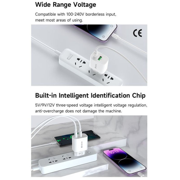 Smart töltőadapter USB-C + USB-A, PD 20W, fehér, Devia