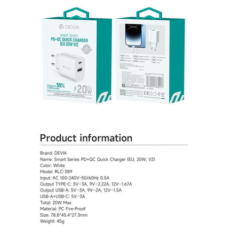 Smart töltőadapter USB-C + USB-A, PD 20W, fehér, Devia