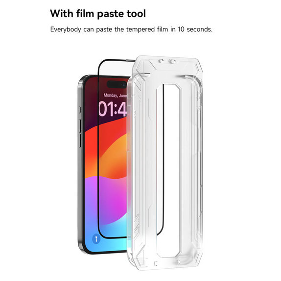FullCover edzett üveg applikátorral iPhone 15 Pro Max, Devia