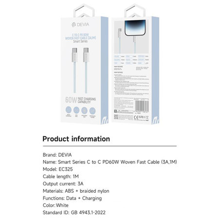 USB-C / USB-C kábel Smart, PD 60W, 1m, fehér, Devia