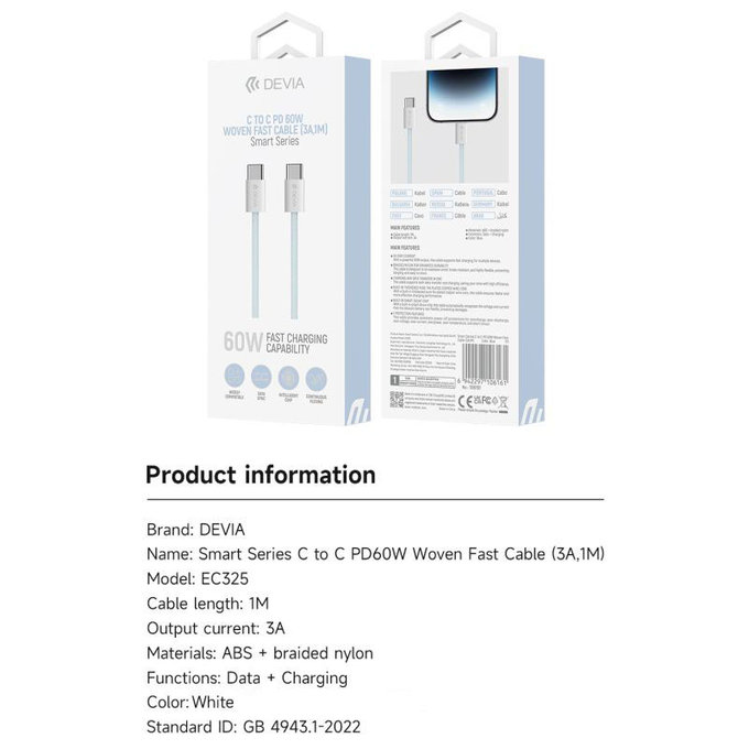 USB-C / USB-C kábel Smart, PD 60W, 1m, fehér, Devia