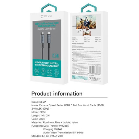 USB-C / USB-C kábel Extreme Speed, 240W, 8K 60Hz, 1m, fekete, Devia
