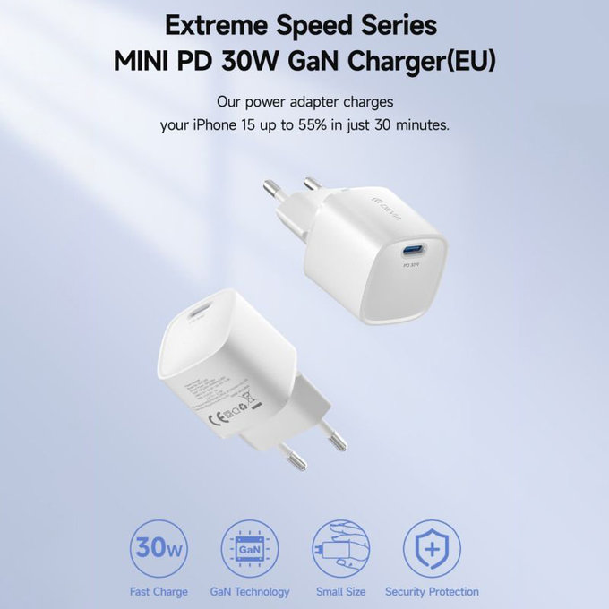 Mini USB-C töltőadapter, PD 30W, fehér, Devia