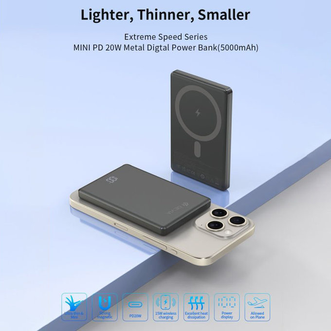 MagSafe PowerBank Extreme Speed Mini kijelzővel, PD 20W, 5000mAh, Space Grey, Devia