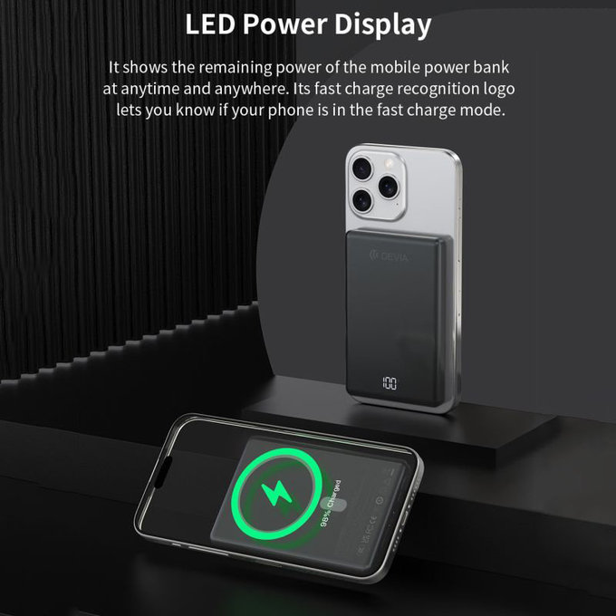 MagSafe PowerBank Extreme Speed Mini kijelzővel, PD 20W, 5000mAh, Space Grey, Devia