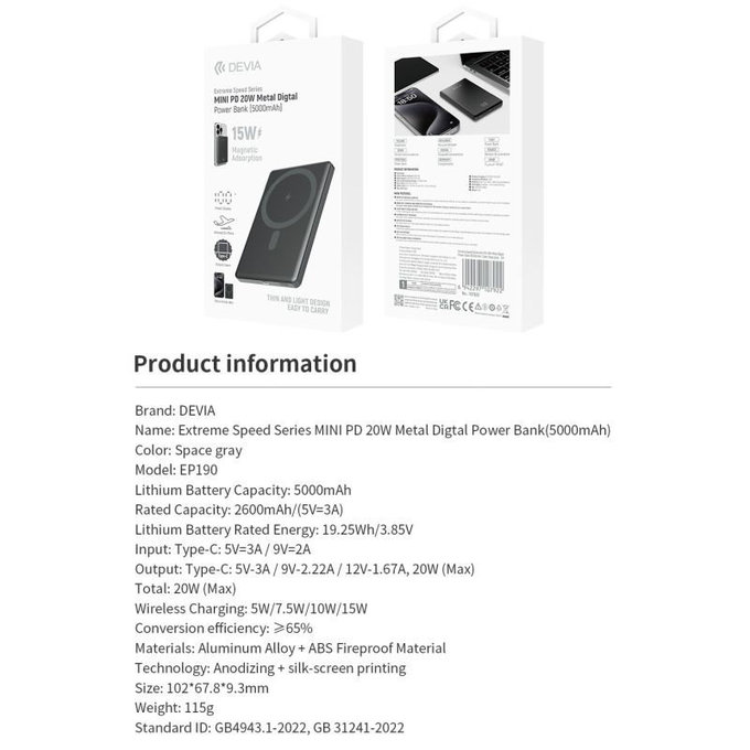 MagSafe PowerBank Extreme Speed Mini kijelzővel, PD 20W, 5000mAh, Space Grey, Devia