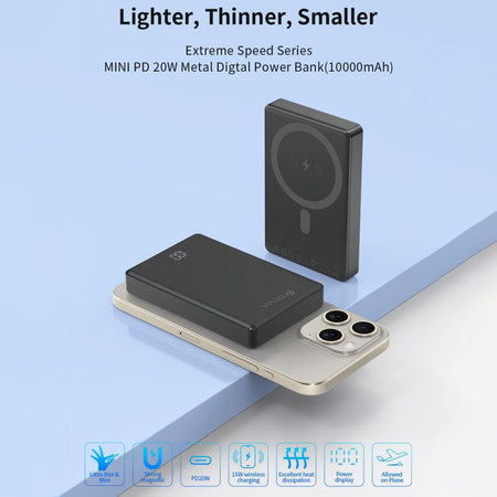 MagSafe PowerBank Extreme Speed Mini kijelzővel, PD 20W, 10000mAh, Space Grey, Devia