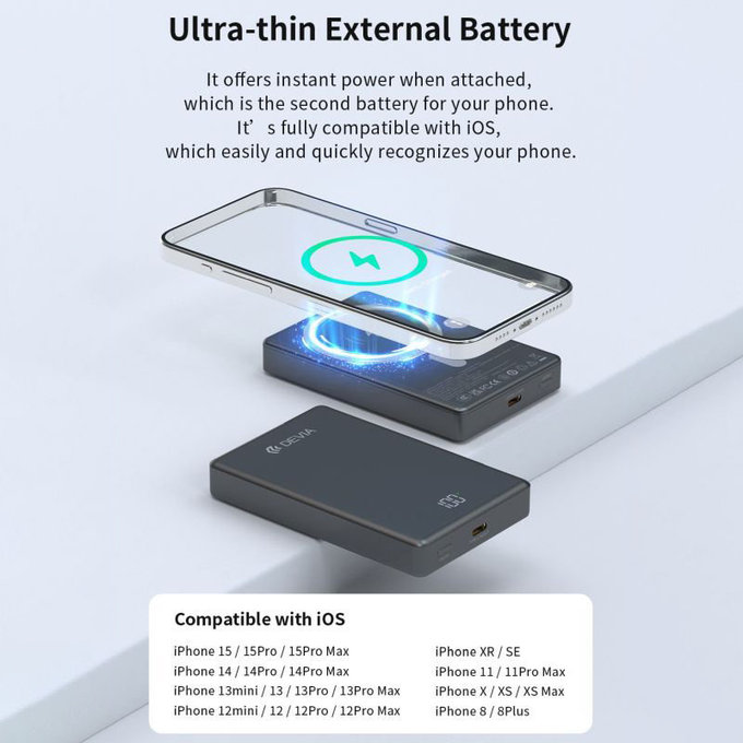 MagSafe PowerBank Extreme Speed Mini kijelzővel, PD 20W, 10000mAh, Space Grey, Devia