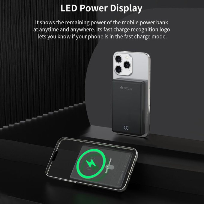 MagSafe PowerBank Extreme Speed Mini kijelzővel, PD 20W, 10000mAh, Space Grey, Devia