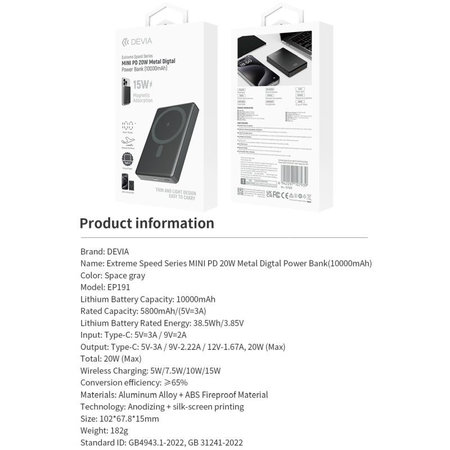 MagSafe PowerBank Extreme Speed Mini kijelzővel, PD 20W, 10000mAh, Space Grey, Devia