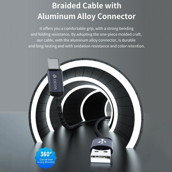 USB / USB-C kábel Gracious, 2.1A, 2m, fekete, Devia