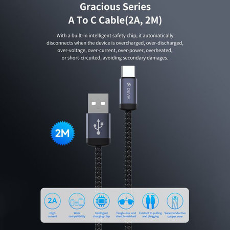 USB / USB-C kábel Gracious, 2.1A, 2m, fekete, Devia
