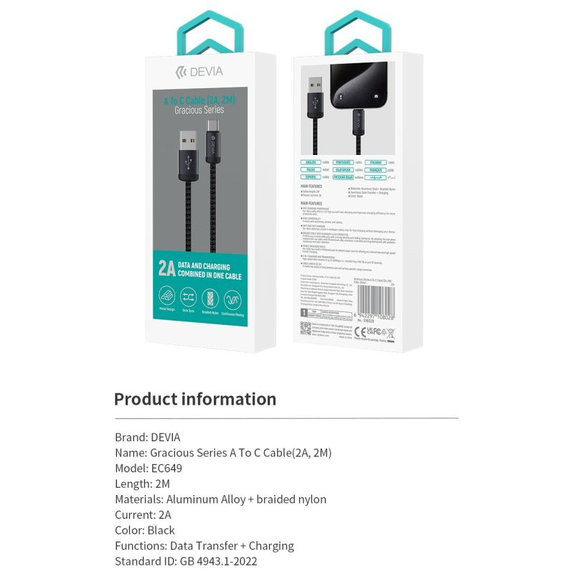 USB / USB-C kábel Gracious, 2.1A, 2m, fekete, Devia