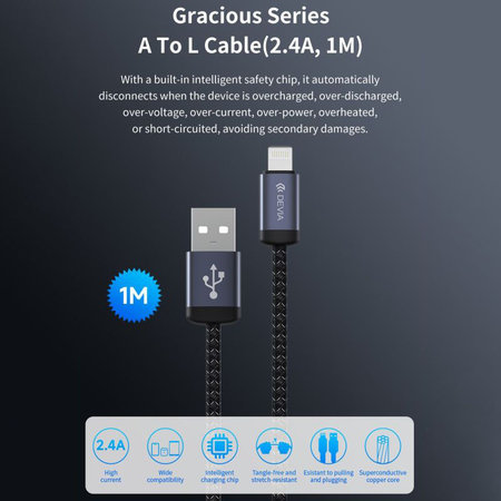 Lightning / USB kábel Gracious, 2,4A, 1m, fekete, Devia