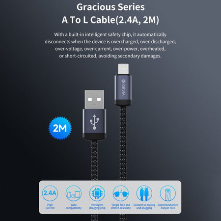 Lightning / USB kábel Gracious, 2,4A, 2m, fekete, Devia