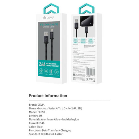 Lightning / USB kábel Gracious, 2,4A, 2m, fekete, Devia
