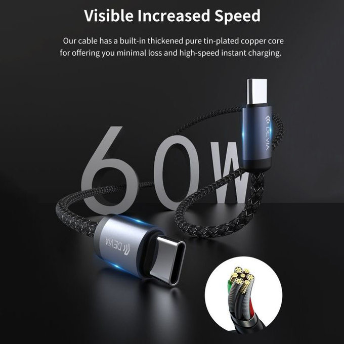 USB-C / USB-C kábel Gracious, PD 60W, 2m, fekete, Devia