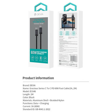 USB-C / USB-C kábel Gracious, PD 60W, 2m, fekete, Devia