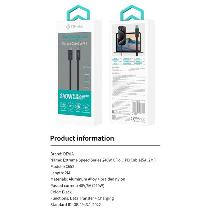 USB-C / USB-C kábel Extreme Speed, PD 240W, 2m, fekete, Devia