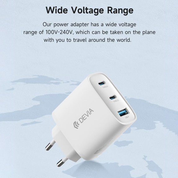 Extreme Speed töltőadapter, 2x USB-C + USB-A, PD 65W, fehér, Devia