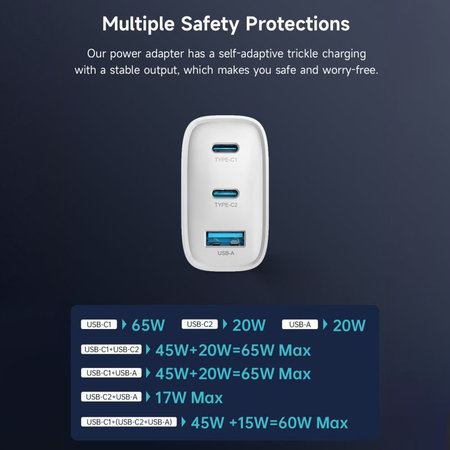 Extreme Speed töltőadapter, 2x USB-C + USB-A, PD 65W, fehér, Devia