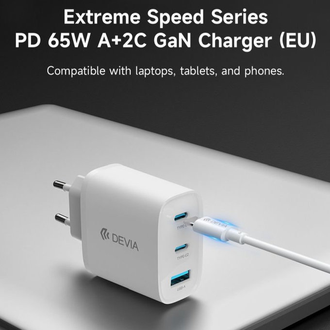 Extreme Speed töltőadapter, 2x USB-C + USB-A, PD 65W, fehér, Devia