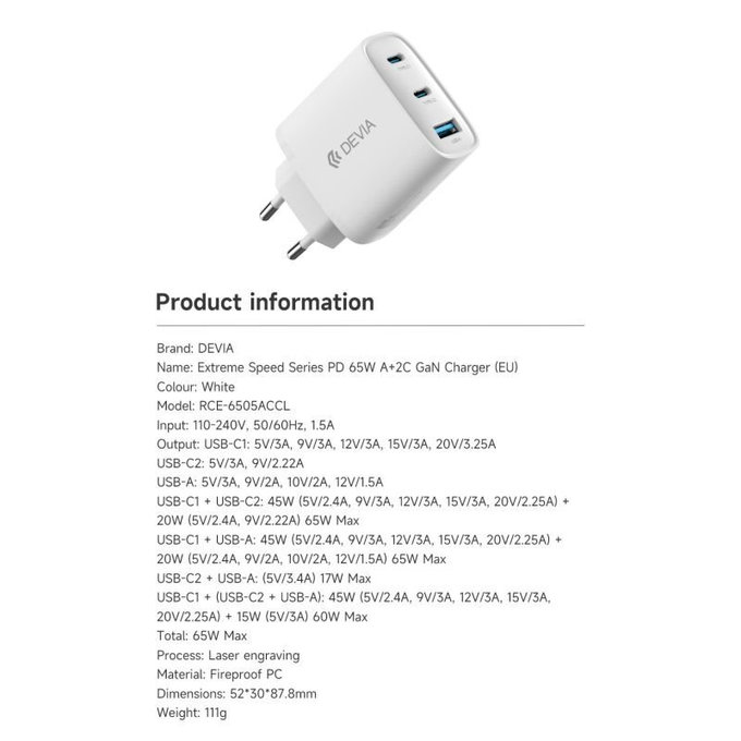 Extreme Speed töltőadapter, 2x USB-C + USB-A, PD 65W, fehér, Devia
